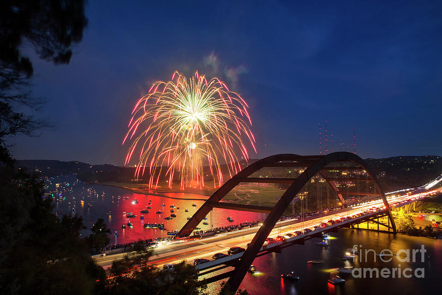 Boat Photograph - Colorful 4th of July fireworks paint the night sky over the 360  by Dan Herron