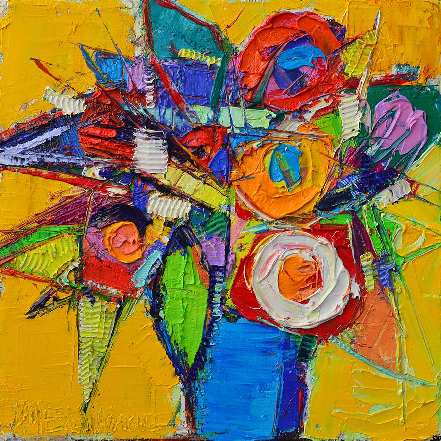 Abstract Painting - COLORFUL ABSTRACT FLORAL GEOMETRY expressionism impasto knife oil painting  by Ana Maria Edulescu    by Ana Maria Edulescu