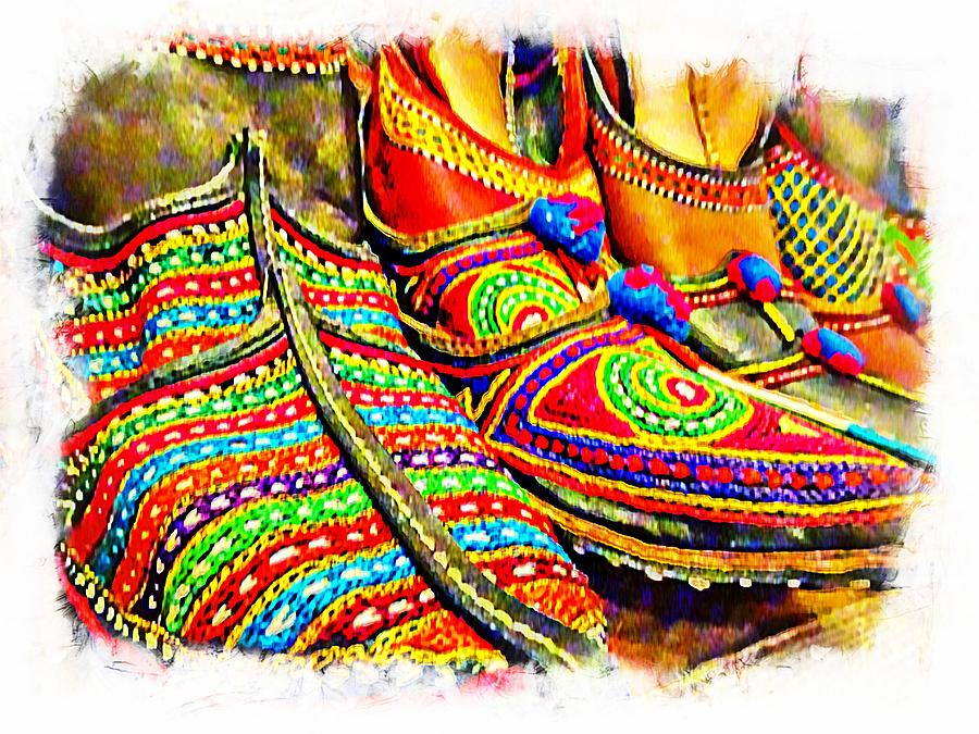 Summer Photograph - Colorful Abstract Shoes For Sale Juttis India Rajasthan Jaipur 3b by Sue Jacobi