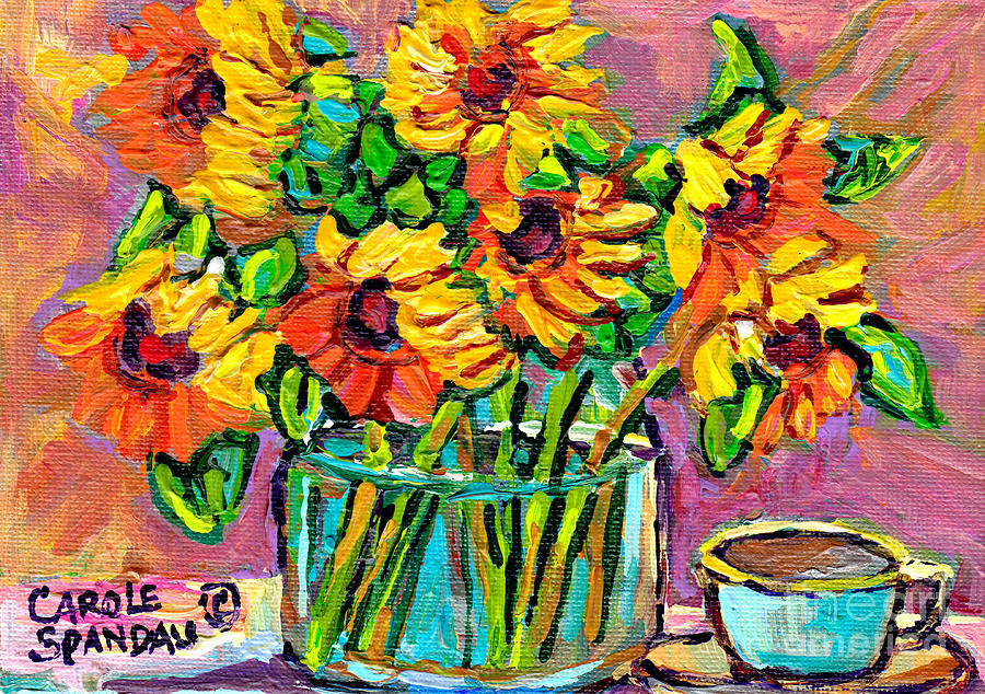 Colorful And Vibrant Sunflowers In Glass Vase With Cup Colorful Original Painting By Carole Spandau Painting by Carole Spandau