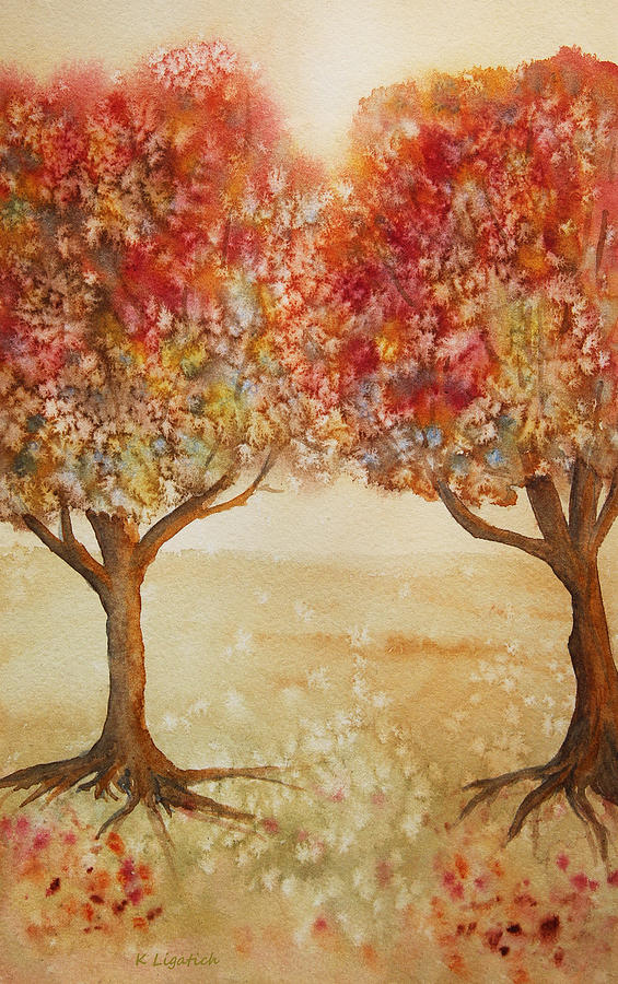Colorful Autumn Twin Trees Painting by Kerri Ligatich