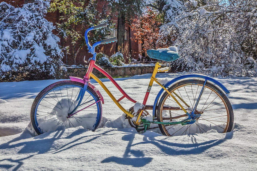 Colorful Bike in the Snow Photograph by Debra and Dave Vanderlaan