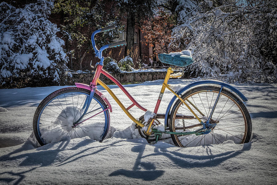 Colorful Bike in the Snow in HDR Detail Photograph by Debra and Dave Vanderlaan