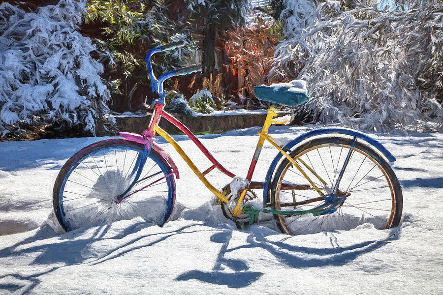 Colorful Bike in the Snow Painting Photograph by Debra and Dave Vanderlaan