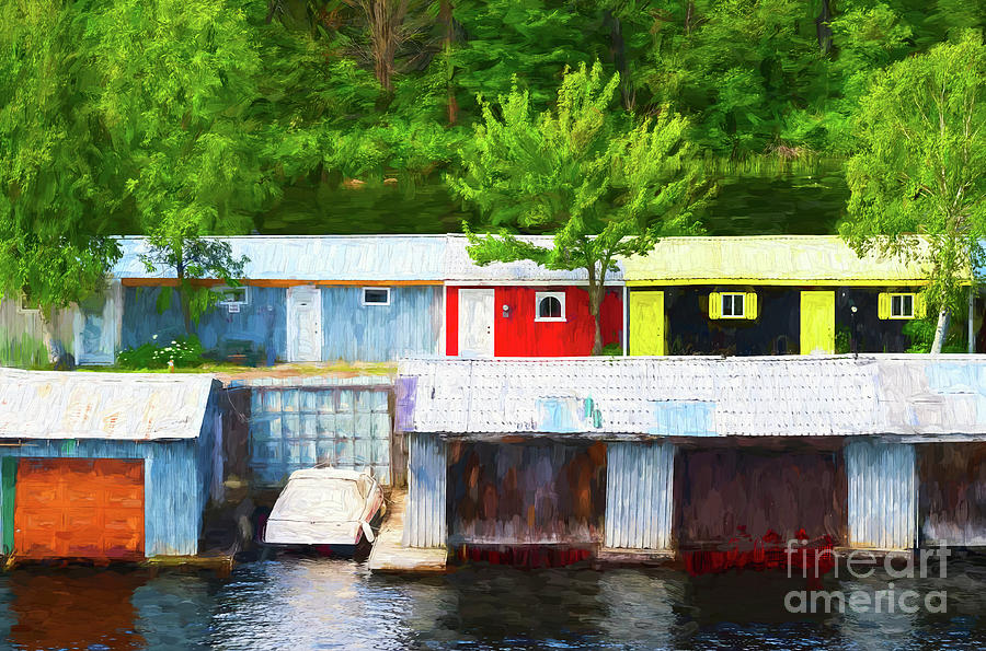 Colorful Boathouses - painterly Photograph by Les Palenik