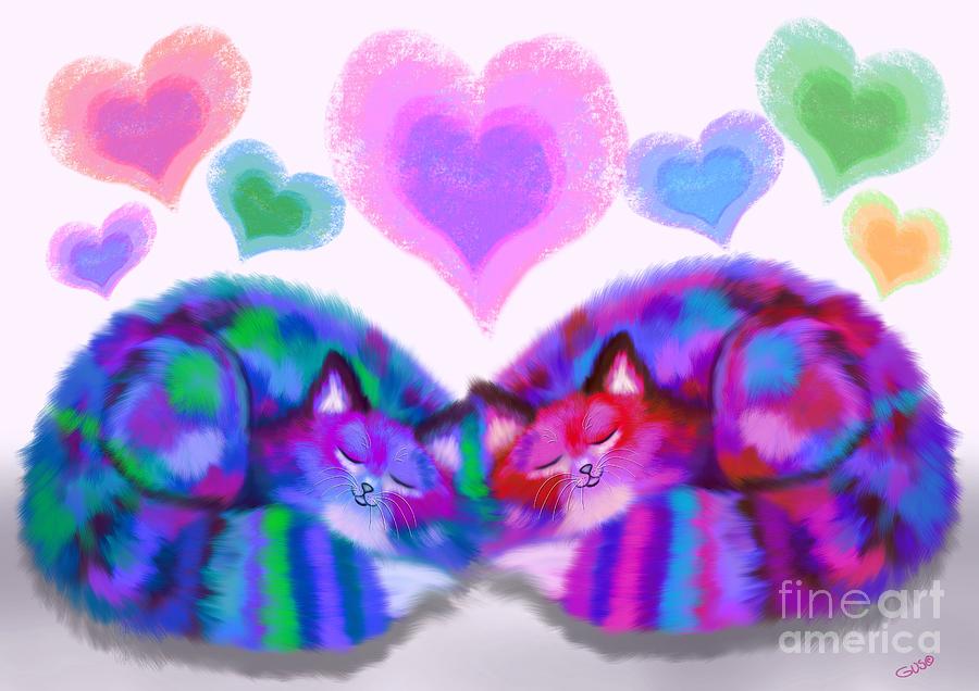 Colorful Cats and Hearts Painting by Nick Gustafson