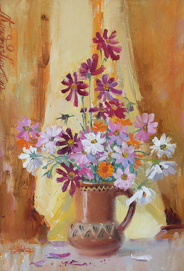 Colorful Cosmos Flowers in Vase Painting by Ilya Kondrashov