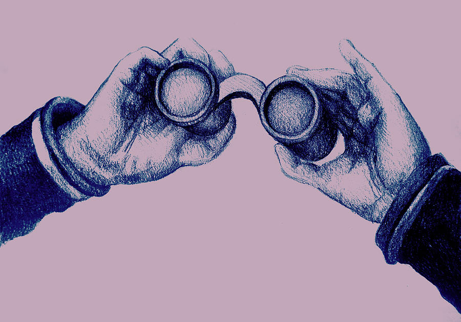 Colorful detailed drawing of hand holding binoculars. Illustration