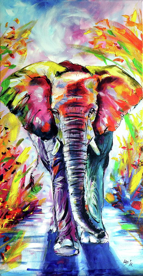 Colorful elephant walking Painting by Kovacs Anna Brigitta