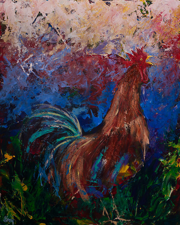 Colorful Expressionist Crowing Rooster  Painting by Gray Artus