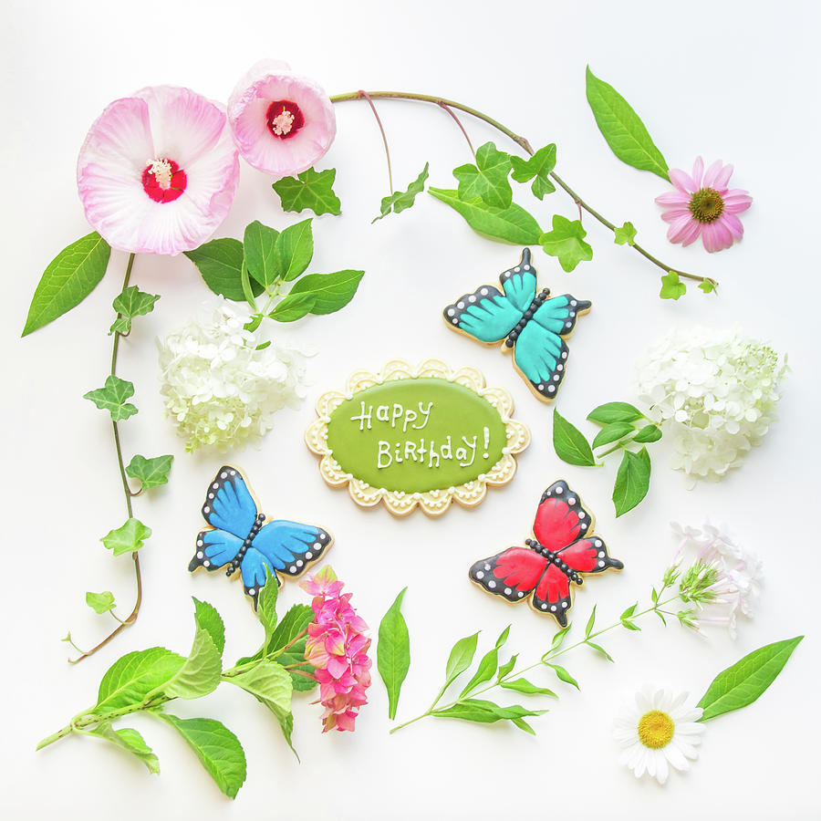  Colorful  flowers  homemade happy  birthday  cookie and 