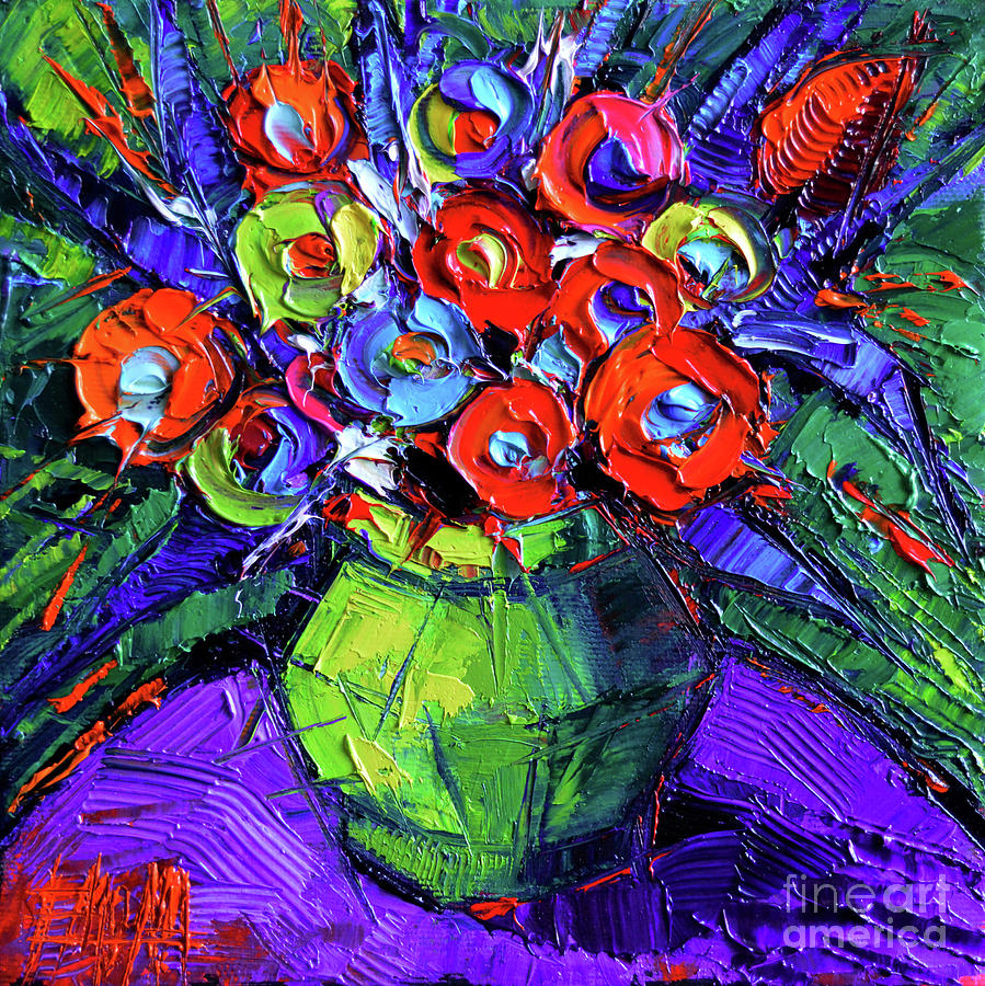 Vincent Van Gogh Painting - Colorful Flowers on round purple table by Mona Edulesco