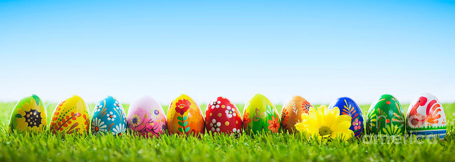 Colorful Hand Painted Easter Eggs On Grass Photograph