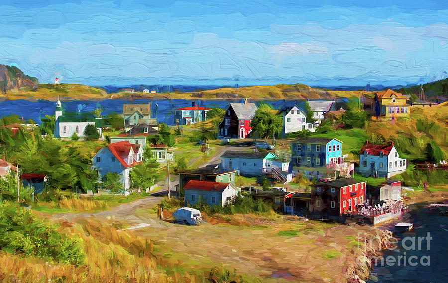 Colorful Homes in Trinity, Newfoundland - painterly Digital Art by Les Palenik