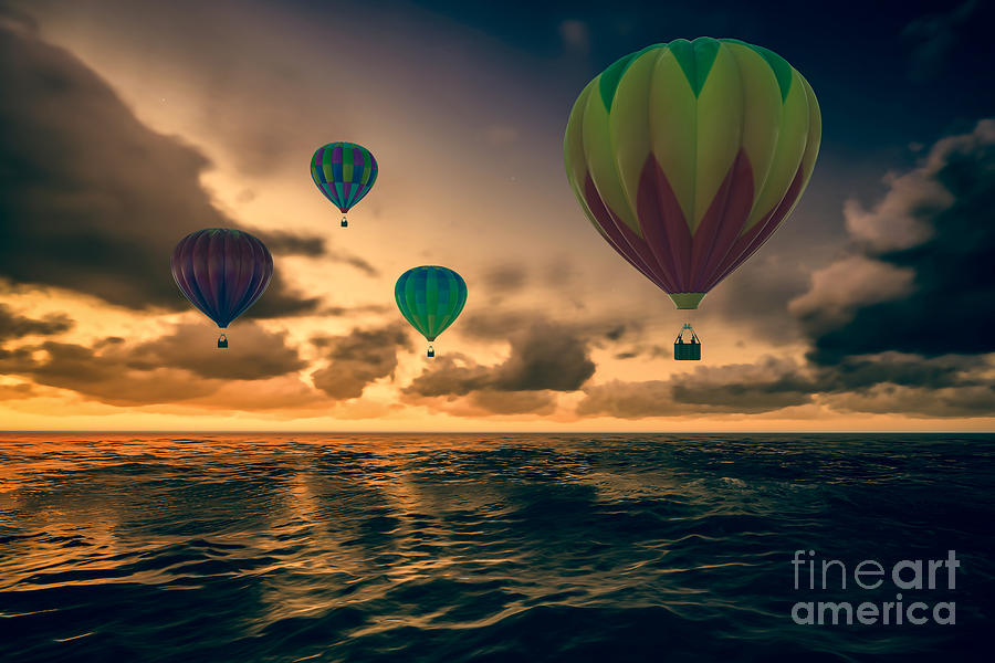 Colorful Hot Air Balloons Over Sea Digital Art
