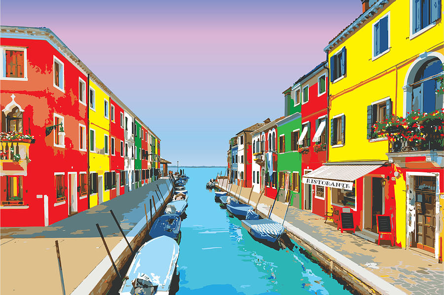Boat Digital Art - Colorful Houses in Burano, Italy by Inge Lewis