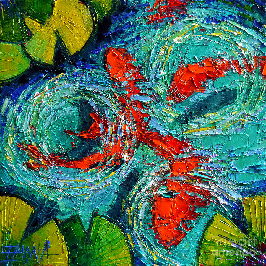 Koi Painting - Colorful Koi Fishes In Lily Pond by Mona Edulesco