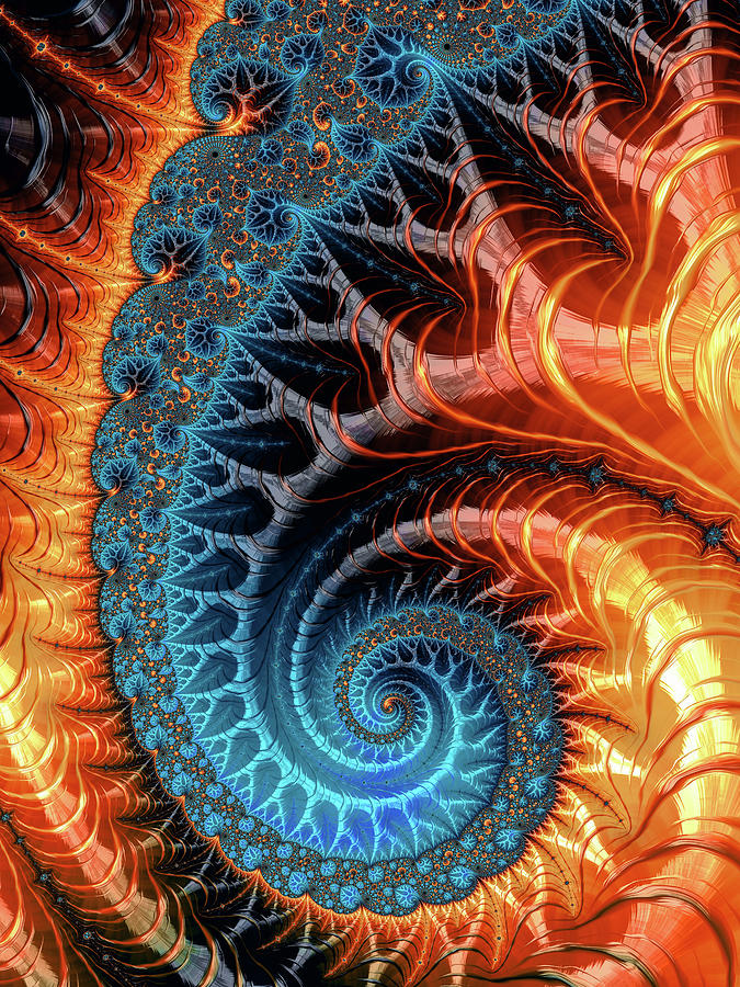 Abstract Digital Art - Colorful luxe fractal spiral turquoise brown orange by Matthias Hauser