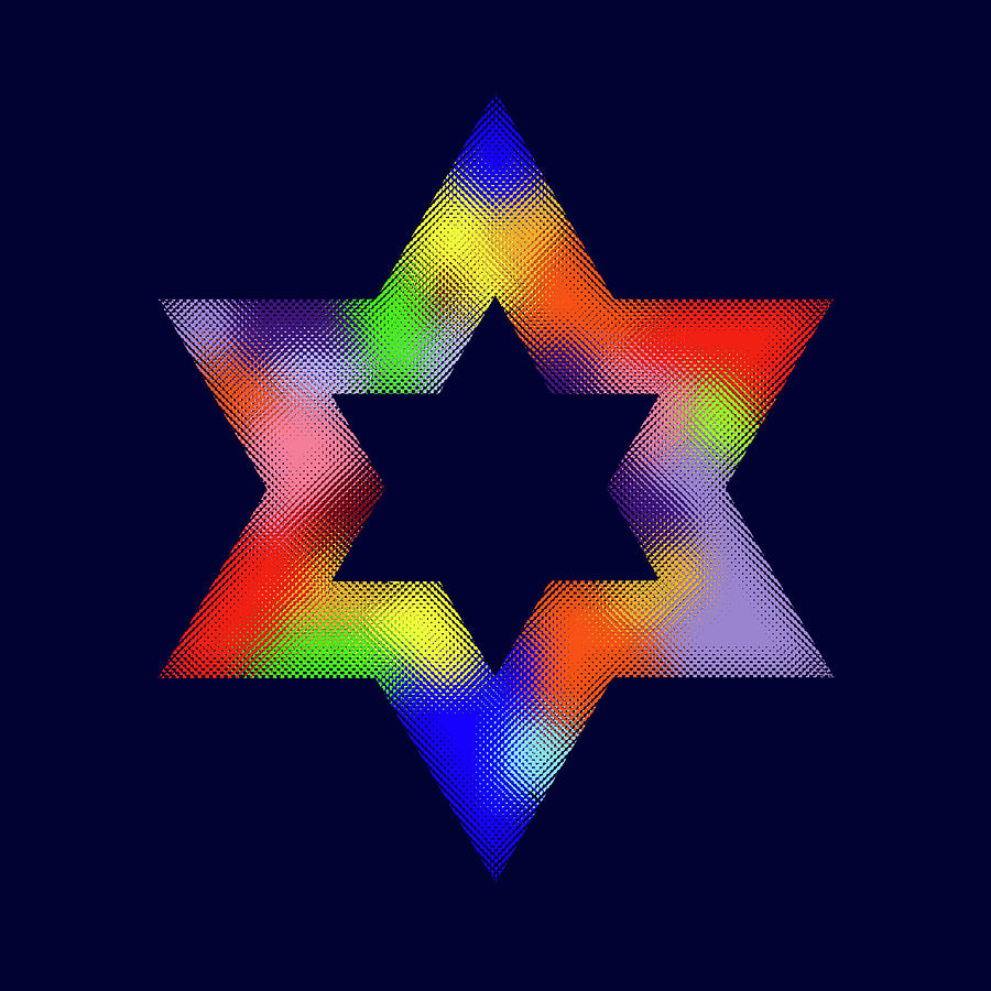 ID: This Magen David, in a diffuse rainbow color with a black background, is reminiscent of the mystical symbolic meaning that the Becoming One would always protect David and David's line.