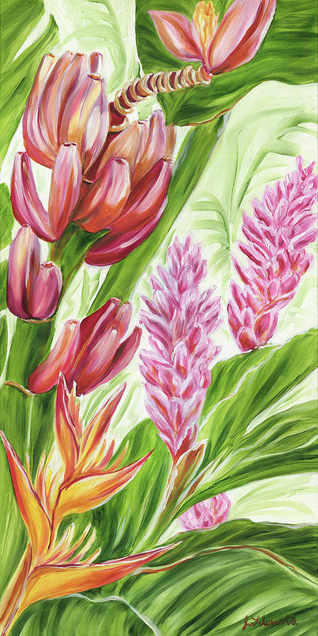 Flowers Still Life Painting - Colorful Maui Banana and Tropical Flower Painting by Jenny Floravita