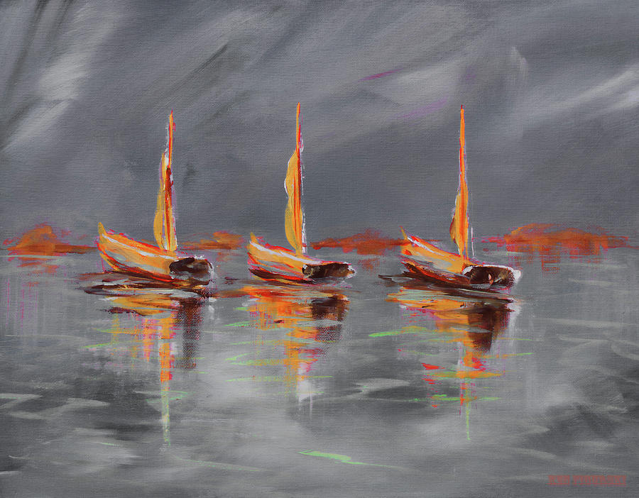 Colorful Modern Sailboat Painting Grey Painting by Ken Figurski