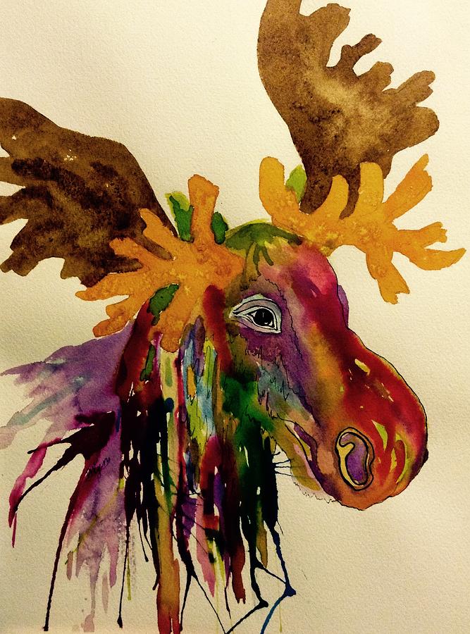 Colorful Moose Head - Jewel tone Painting by Ellen Levinson