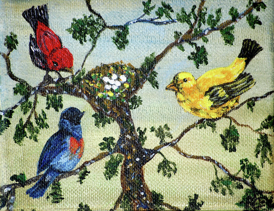 Bird Painting - Colorful Nesting Birds by Ann Ingham