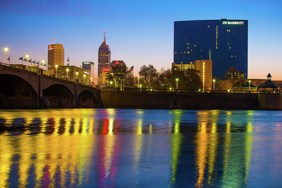 Indianapolis Skyline Photograph - Colorful Night Reflections - Indianapolis Indiana Skyline by Gregory Ballos