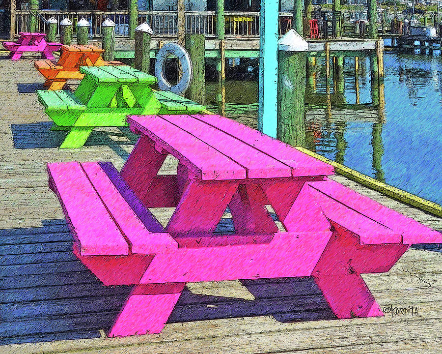 Colorful Picnic Tables Pass Christian MS Marina Photograph by Rebecca Korpita