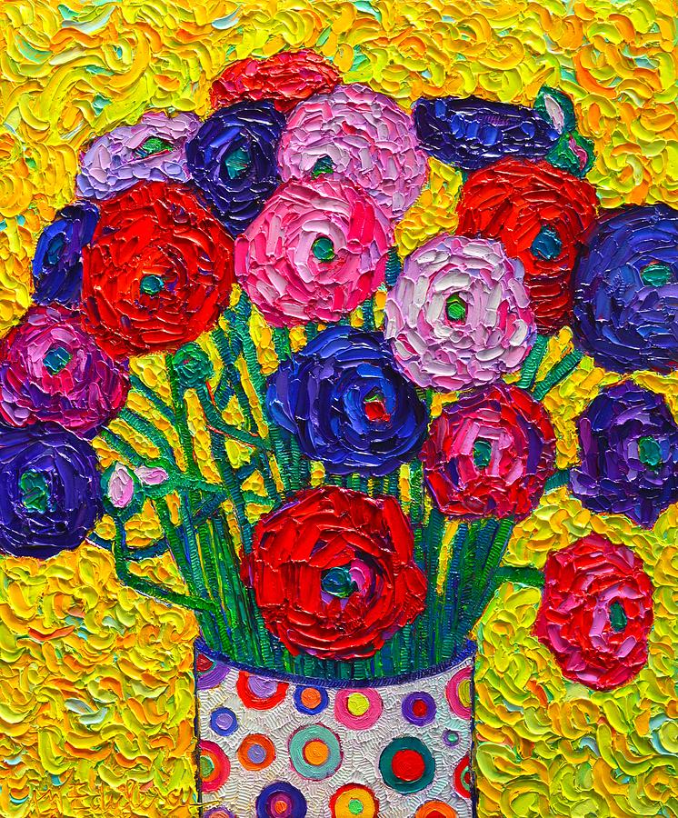 Rose Painting - Colorful Ranunculus Flowers In Polka Dots Vase Palette Knife Oil Painting By Ana Maria Edulescu by Ana Maria Edulescu