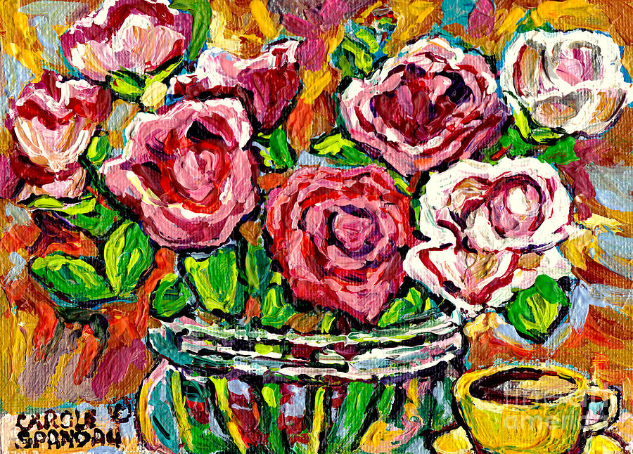Colorful Red Roses In Glass Vase With Cup Original Painting By Carole Spandau Painting by Carole Spandau