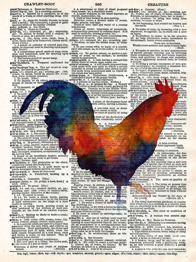 Rooster Painting - Colorful Rooster on Vintage Dictionary by Hailey E Herrera