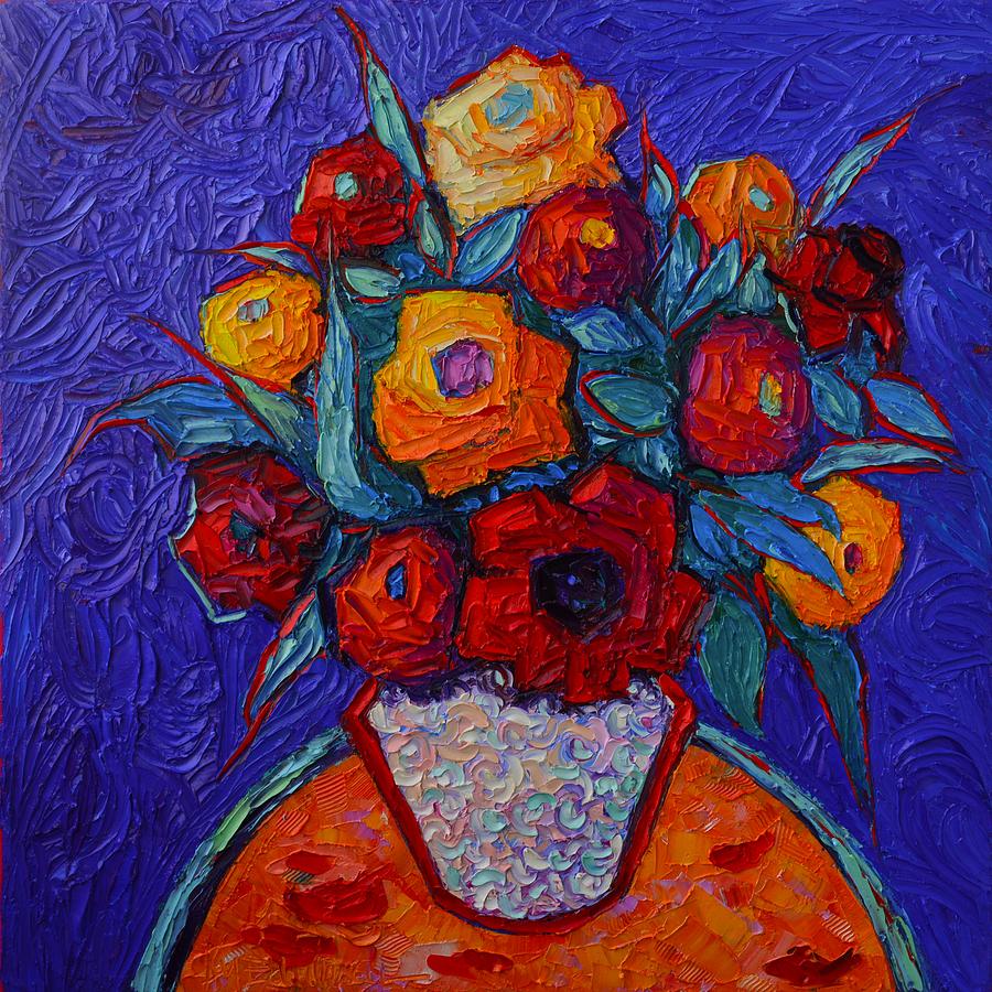 Colorful Roses On Royal Purple Modern Impressionist Impasto Knife Oil Painting By Ana Maria Edulescu Painting by Ana Maria Edulescu