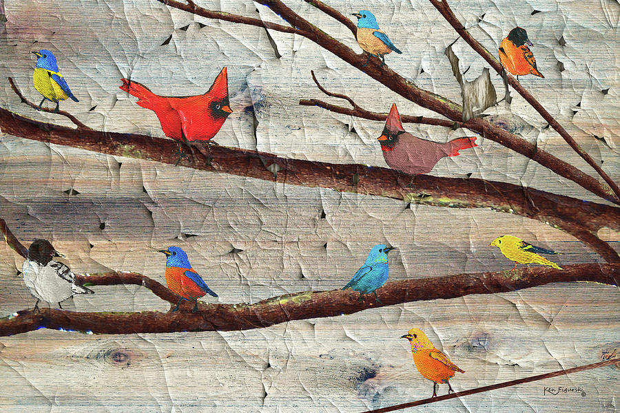 Colorful Rustic Birds Crackle Mixed Media by Ken Figurski