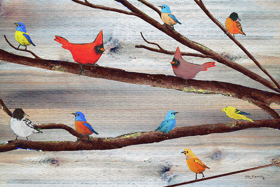 Bird Mixed Media - Colorful Rustic Songbirds  by Ken Figurski