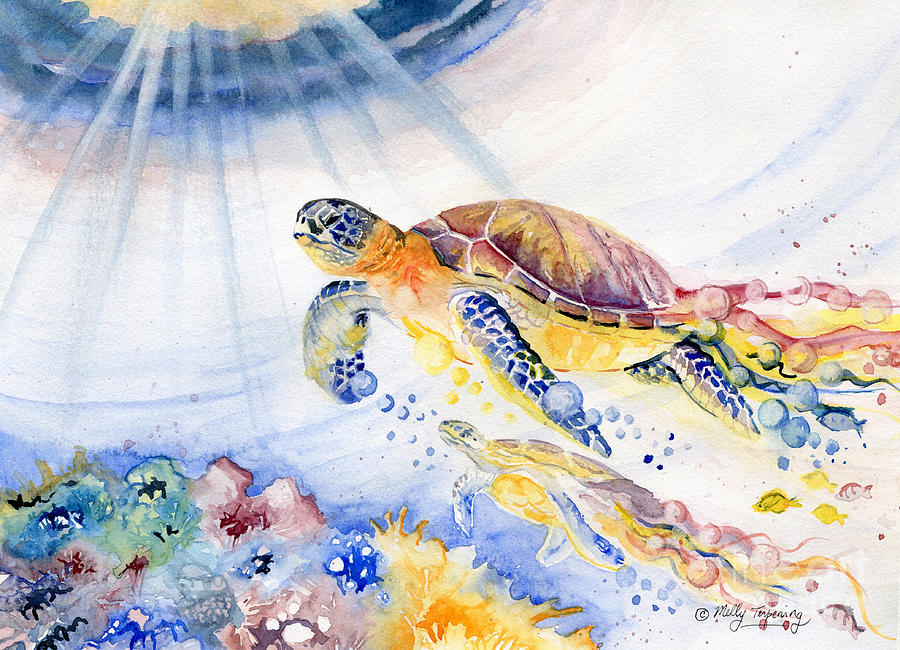 Turtle Painting - Colorful Sea Turtle - Going Up by Melly Terpening