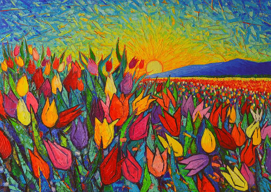 Colorful Tulips Field Sunrise - Abstract Impressionist Palette Knife Painting By Ana Maria Edulescu Painting by Ana Maria Edulescu