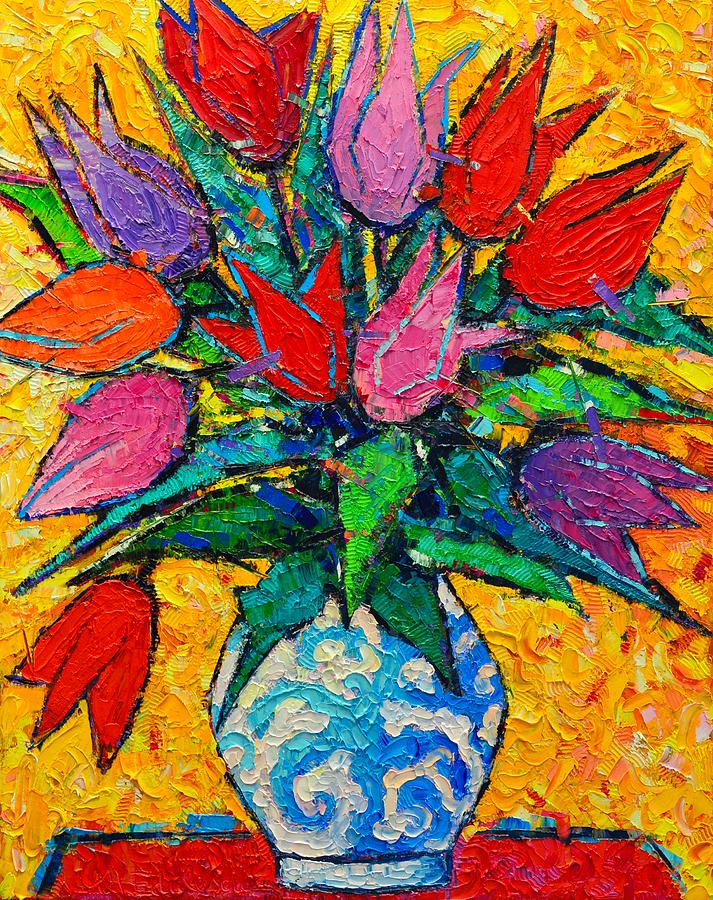 Colorful Tulips Modern Impressionist Palette Knife Oil Painting Floral Art By Ana Maria Edulescu Painting by Ana Maria Edulescu