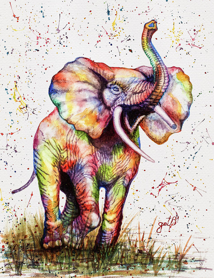 Colorful Watercolor Elephant Painting by Georgeta Blanaru
