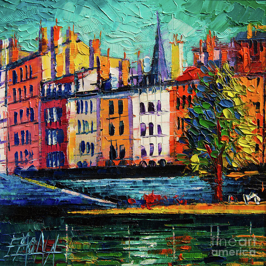 Colorful Waterfront in Lyon France Modern Impressionist palette knife oil painting cityscape Painting by Mona Edulesco