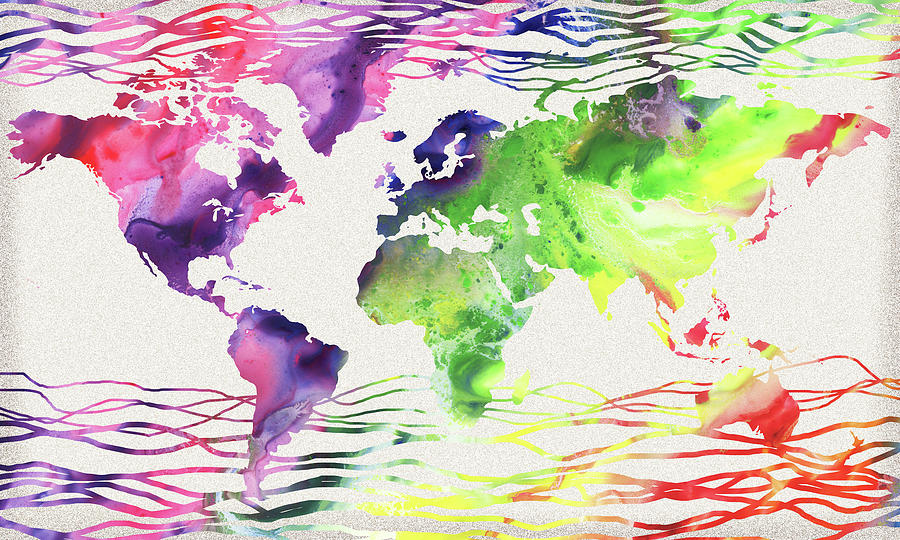 Colorful Wave Of Watercolor World Map Painting by Irina Sztukowski