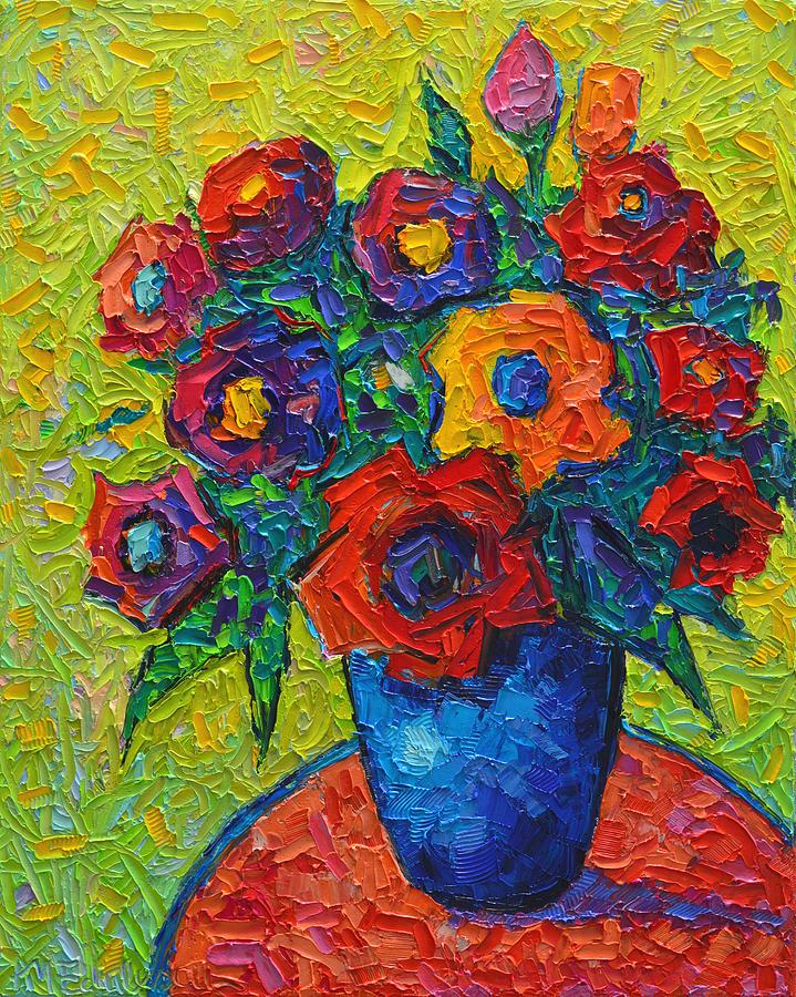 Colorful Wild Roses 10 Modern Impressionist Impasto Palette Knife Oil Painting By Ana Maria Edulescu Painting by Ana Maria Edulescu