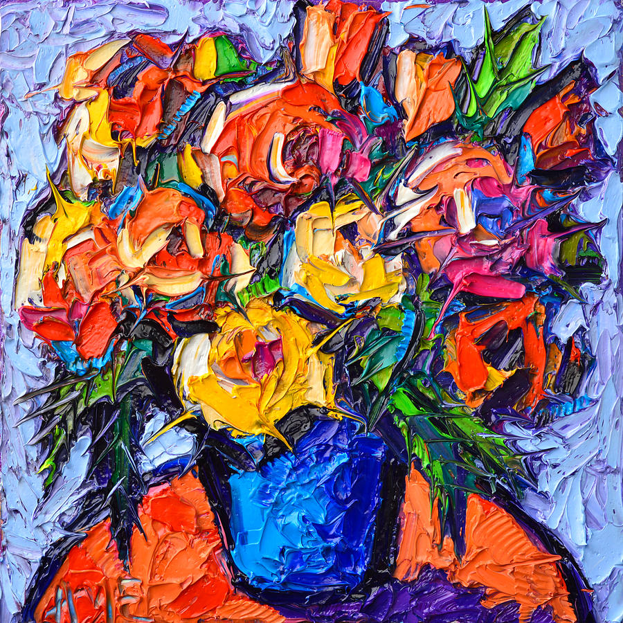 Colorful Wild Roses Abstract Flowers Modern Impressionist Impasto Oil Painting By Ana Maria