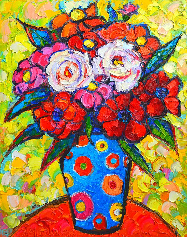 Colorful Wild Roses Bouquet - Original Impressionist Oil Painting Painting by Ana Maria Edulescu