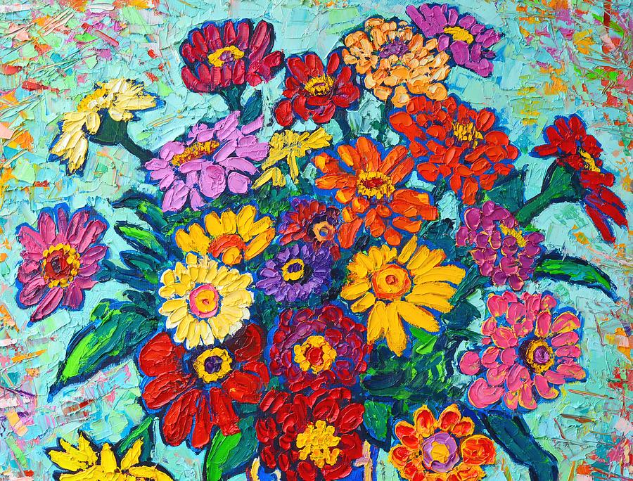 Colorful Zinnias Bouquet Closeup  Painting by Ana Maria Edulescu