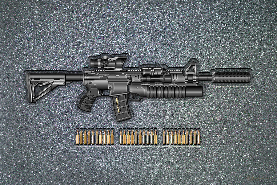Colt   M 4 A 1   S O P M O D  Carbine with 5.56 N A T O Ammo on Gray Polyurethane Foam Digital Art by Serge Averbukh