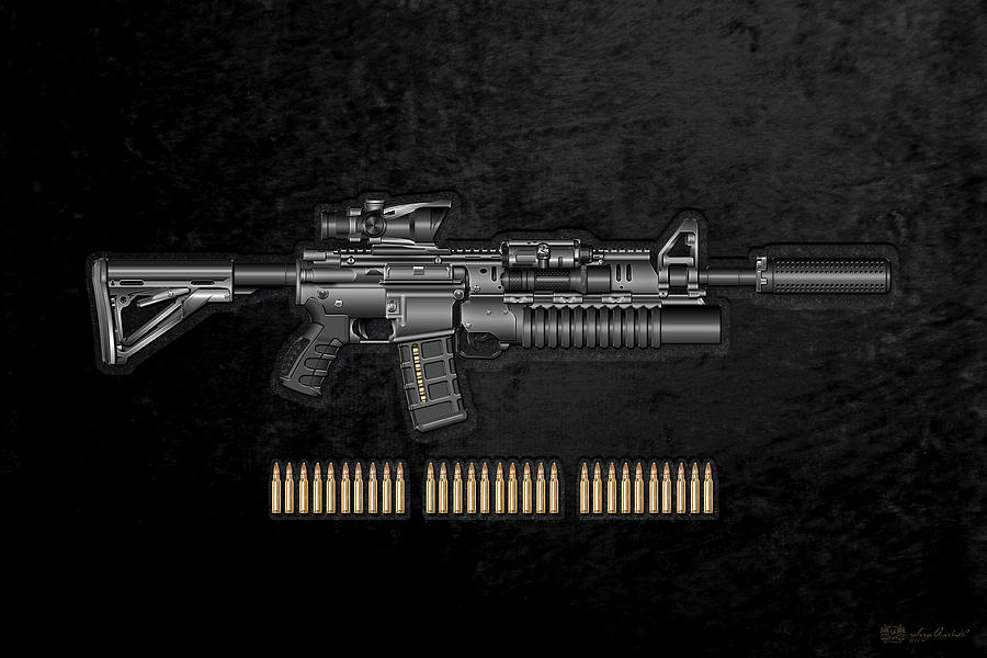 Military Digital Art - Colt  M 4 A 1  S O P M O D Carbine with 5.56 N A T O Rounds on Black Velvet by Serge Averbukh