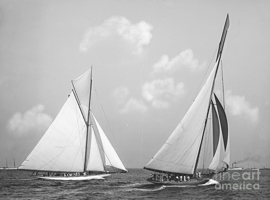 Boat Photograph - Columbia and Shamrock Race the Americas Cup 1899 by Padre Art