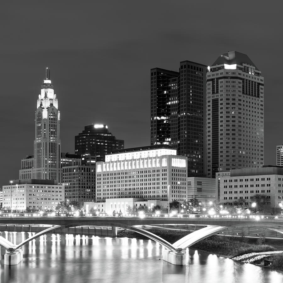 Columbus Black and White City Skyline - Square Photograph by Gregory Ballos
