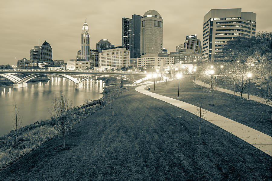 Columbus Skyline Photograph - Columbus Downtown Skyline in Winter - Sepia by Gregory Ballos